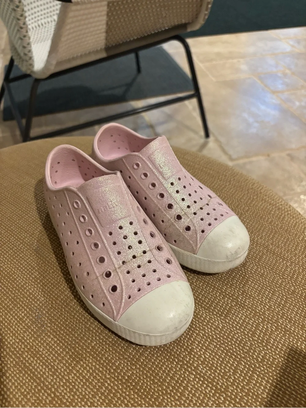 Native Jefferson Bling Kids Water Shoes in Shimmering Light Pink with White Toe